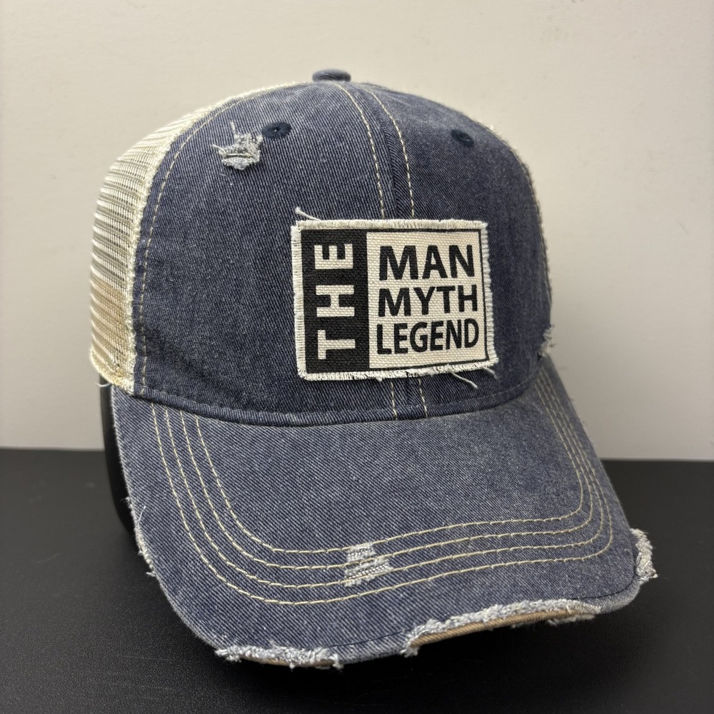 The Man Myth Legend Distressed Denim Trucker Hat Faded Blue Mesh Snapback Cap